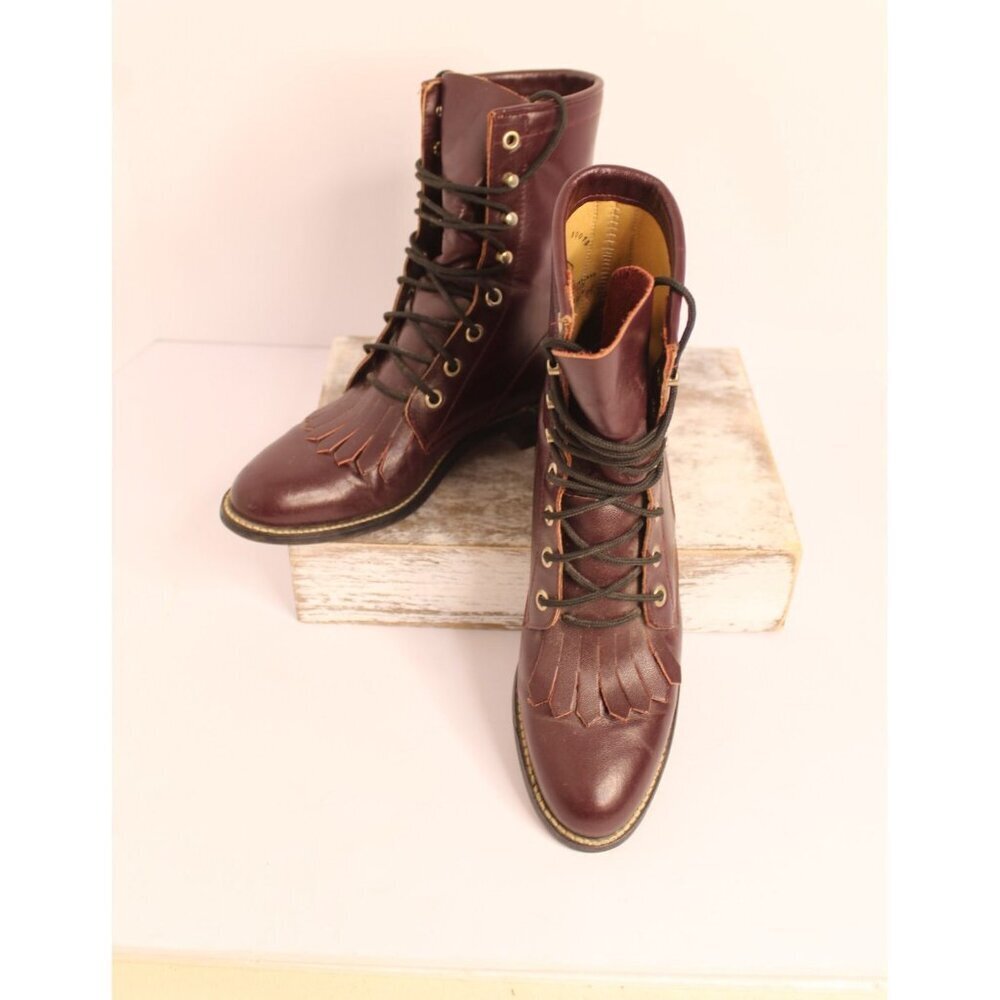 Diamond J Leather Cowboy Western Riding Boots Womens 6A Lace Up Fringe 00510‎